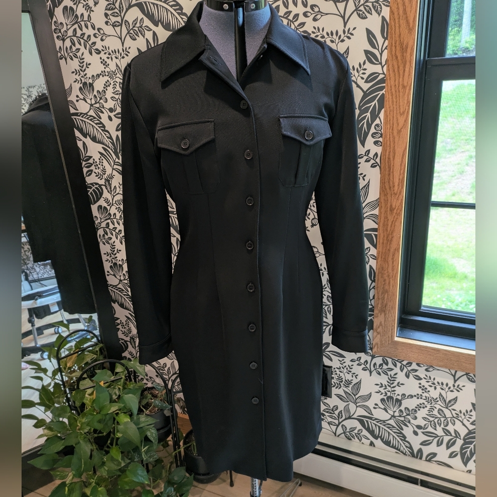 Vintage Halston Lifestyle Shirt Dress Black Long Sleeve Size 12
